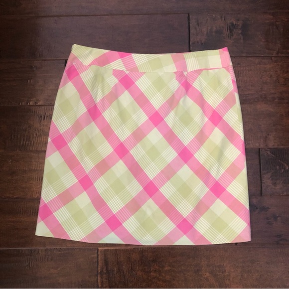 ANN TAYLOR LOFT Pink & Lime Green Plaid Skirt with Lime Green Buttons - Size 12 - Picture 8 of 9